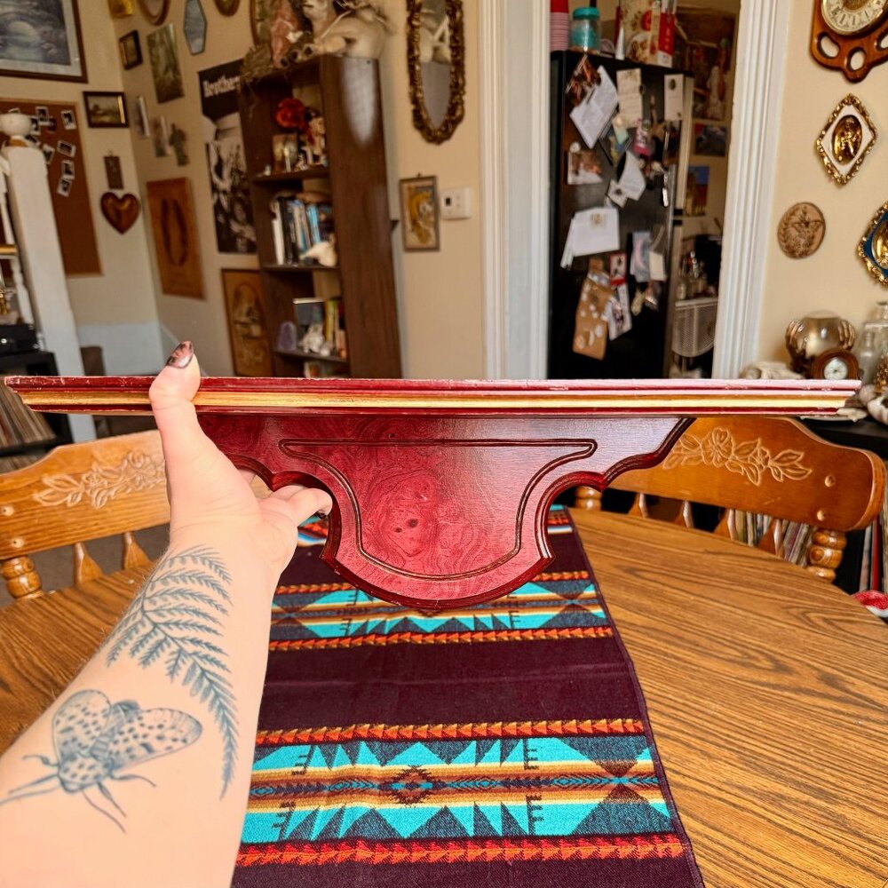 Vintage Oxblood Burgundy Burlwood Ornate Shelf with Gold Trim